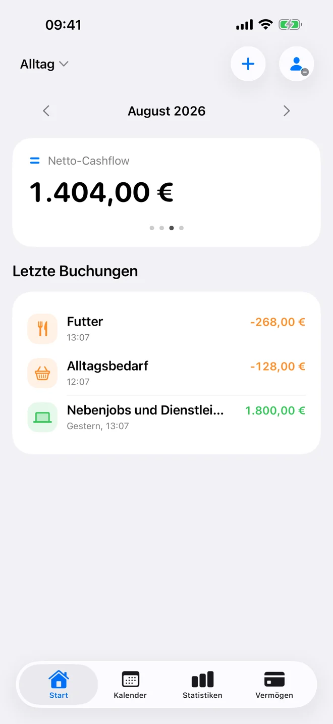 Startseite mit Monatsausgaben, Monatseinnahmen, Netto-Cashflow und aktuellen Buchungen