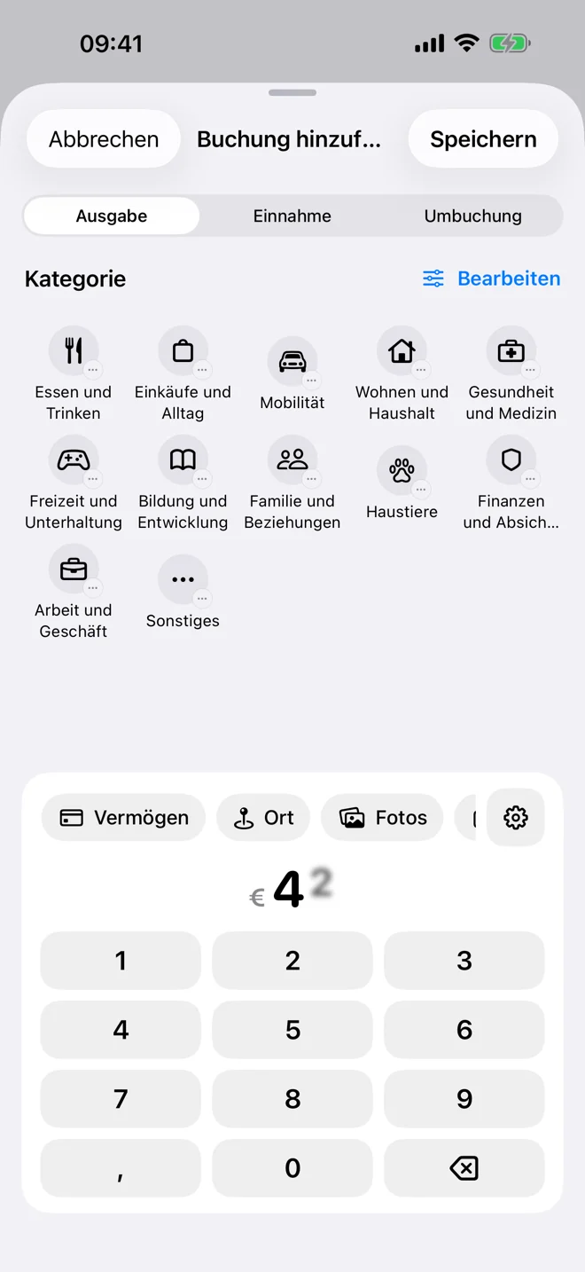 Schnellerfassung mit Betragseingabe, Kategorie und weiteren optionalen Angaben