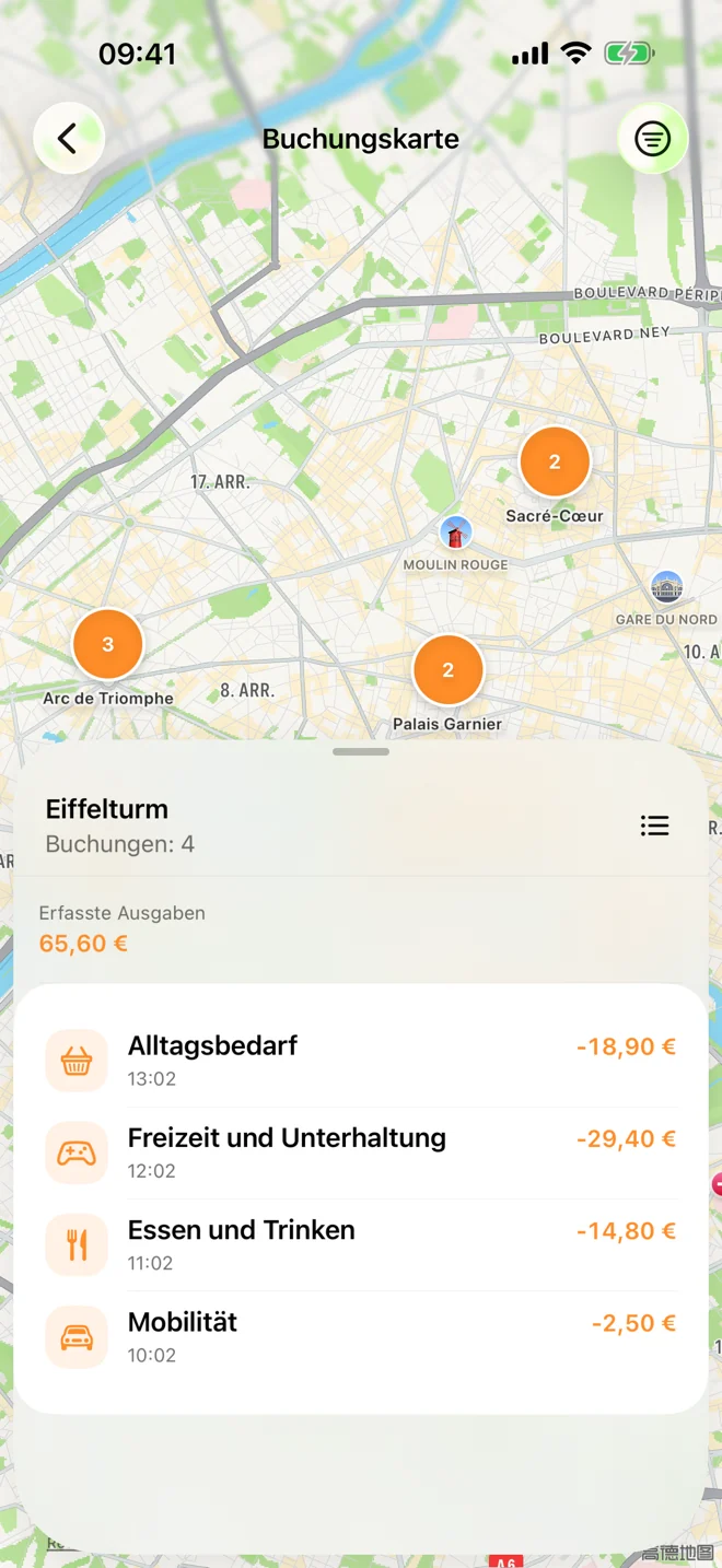 Buchungskarte mit Einträgen, denen ein Ort zugewiesen wurde