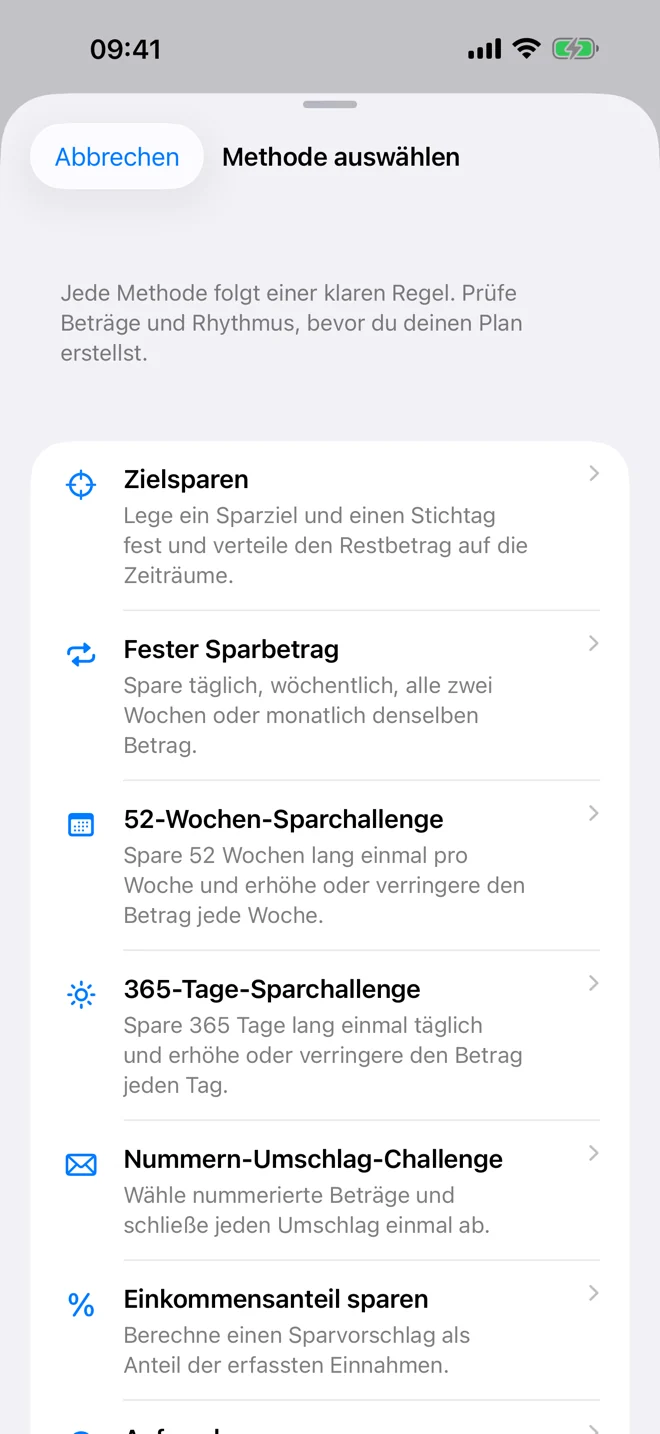 Übersicht eines Sparplans mit Ziel und protokolliertem Fortschritt