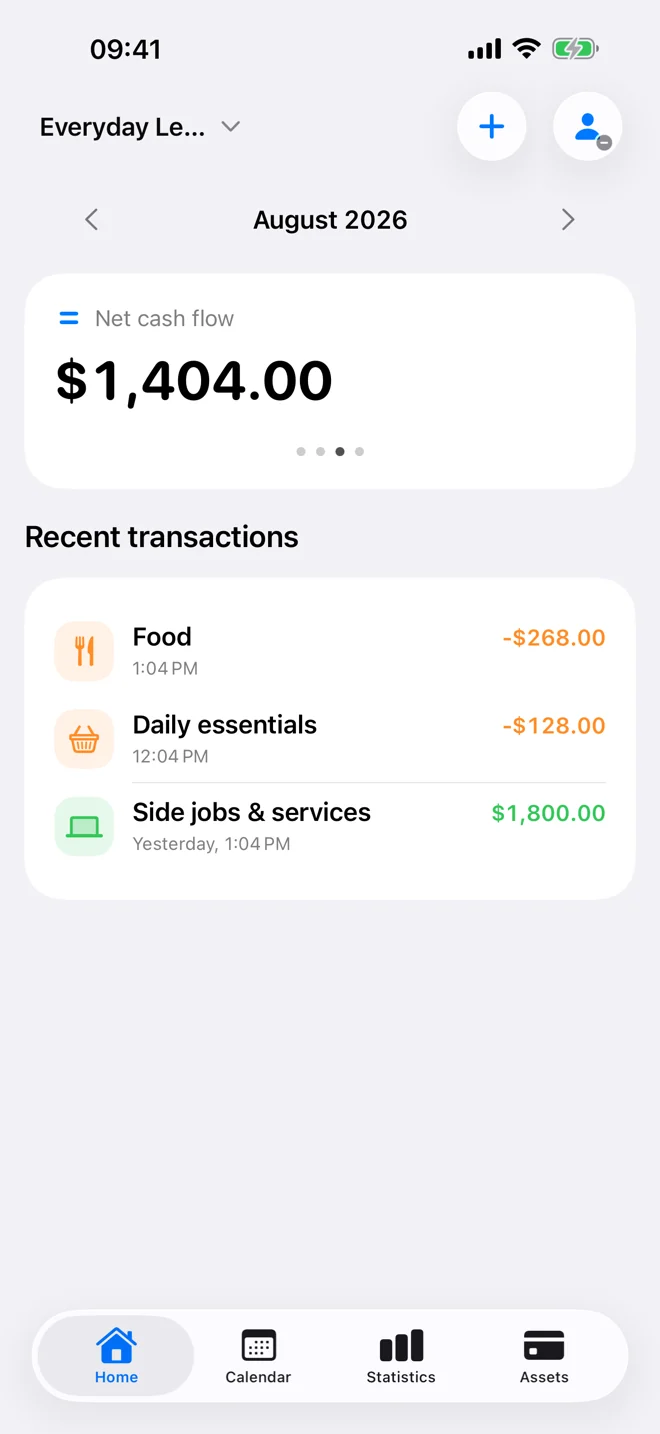 Hameni Ledger home showing monthly net cash flow and recent transactions