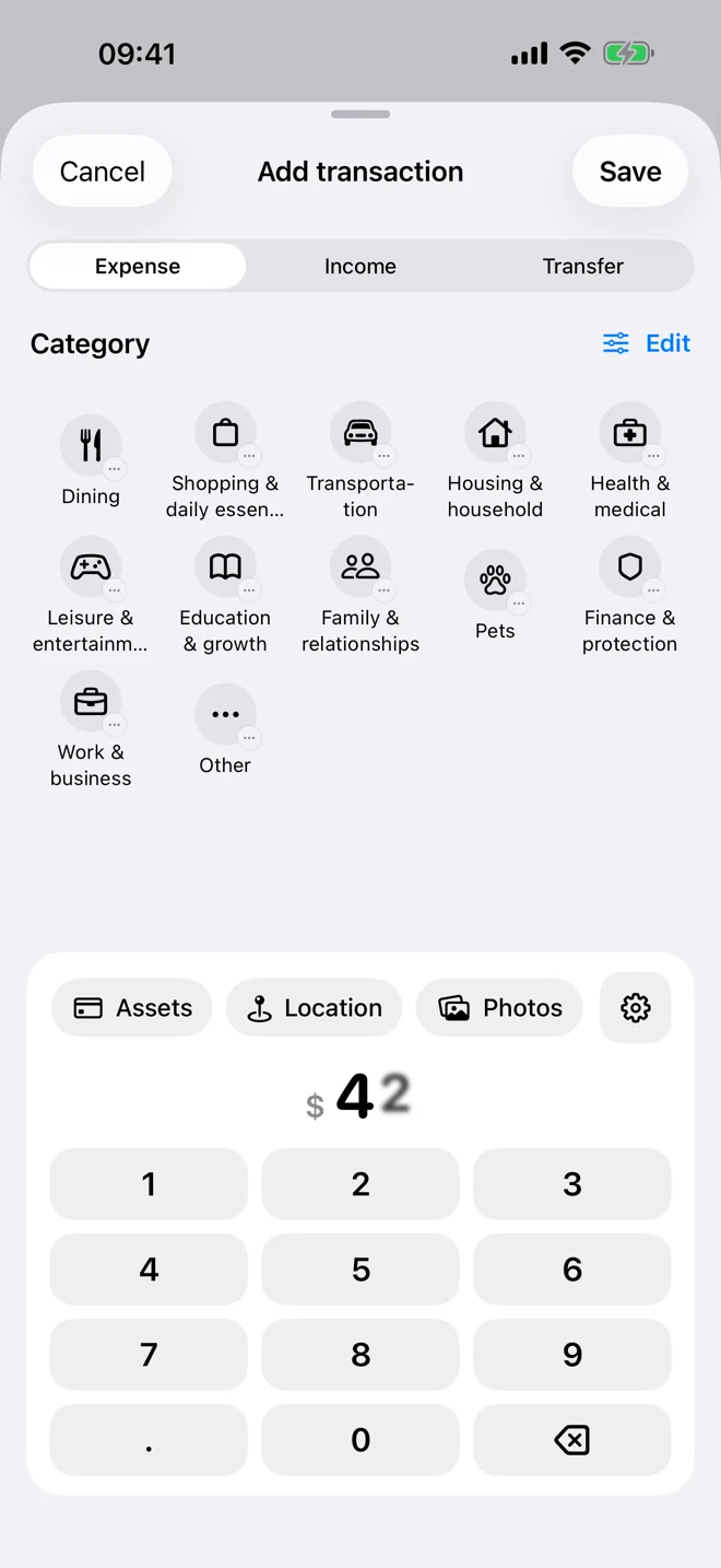 Hameni Ledger entry screen for expenses, income, transfers, categories, and amount
