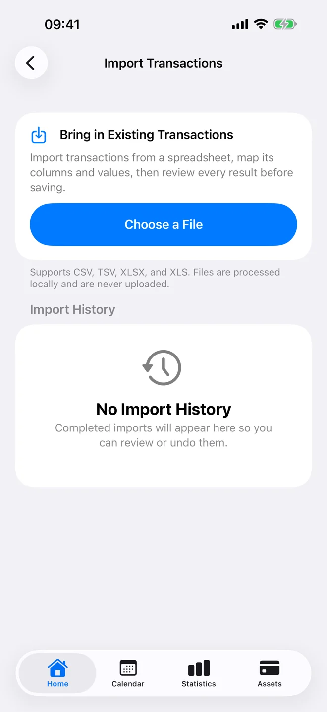 On-device spreadsheet transaction import entry screen