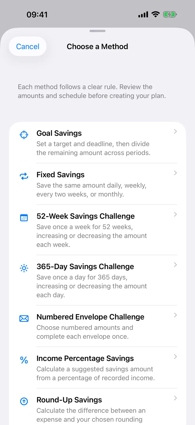 Seven savings methods including target date, fixed schedule, and 52-week plans