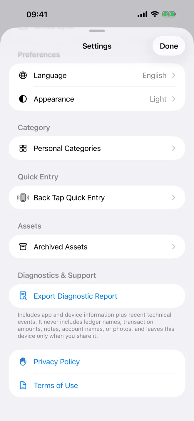 Hameni Ledger Settings with local preferences, diagnostics, and Privacy Policy links