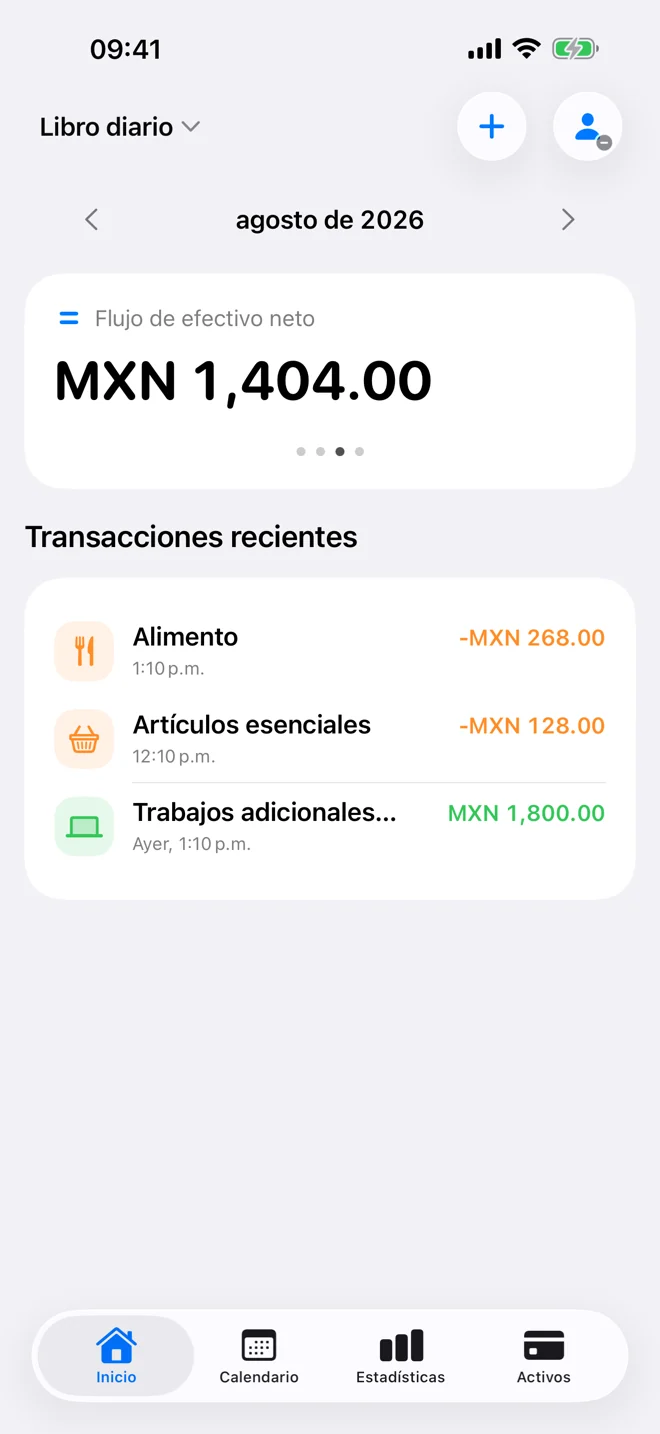 Inicio con gastos, ingresos, flujo de efectivo neto del mes y movimientos recientes
