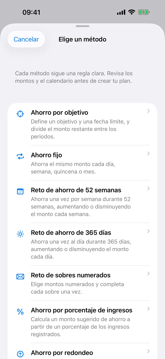 Plan de ahorro con meta y progreso registrado