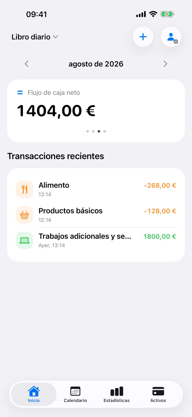 Inicio con gastos, ingresos, flujo de caja neto del mes y movimientos recientes