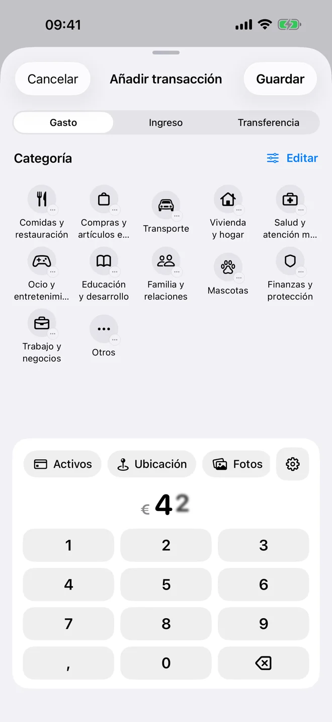 Registro rápido con importe, categoría y datos opcionales