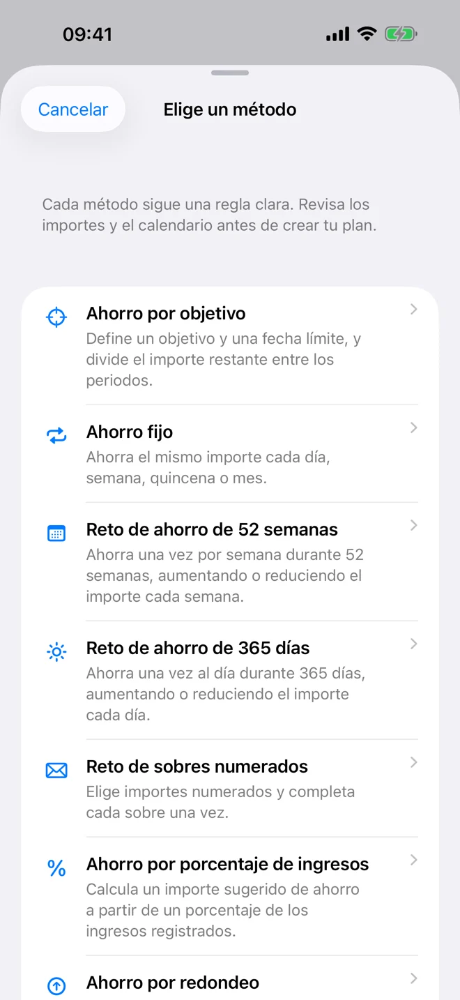 Plan de ahorro con objetivo y progreso registrado