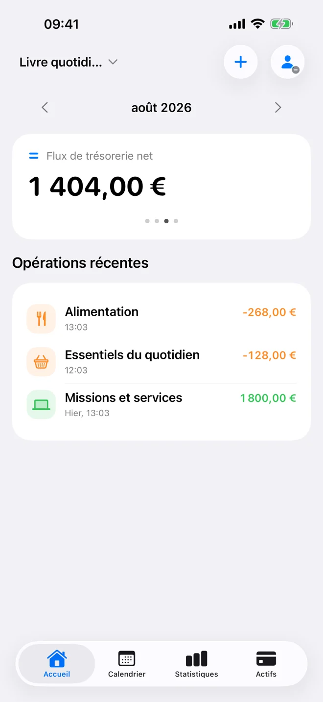 Accueil avec dépenses, revenus, flux de trésorerie net du mois et opérations récentes