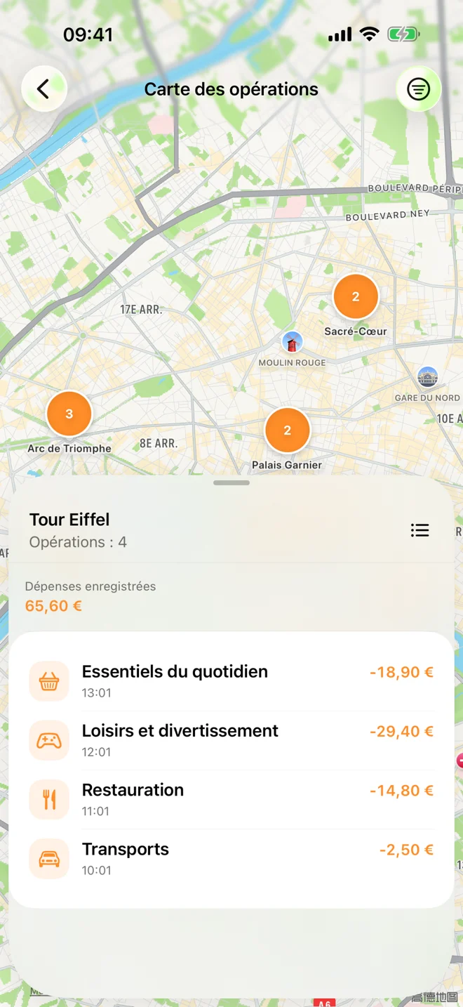 Carte affichant des opérations auxquelles un lieu a été ajouté