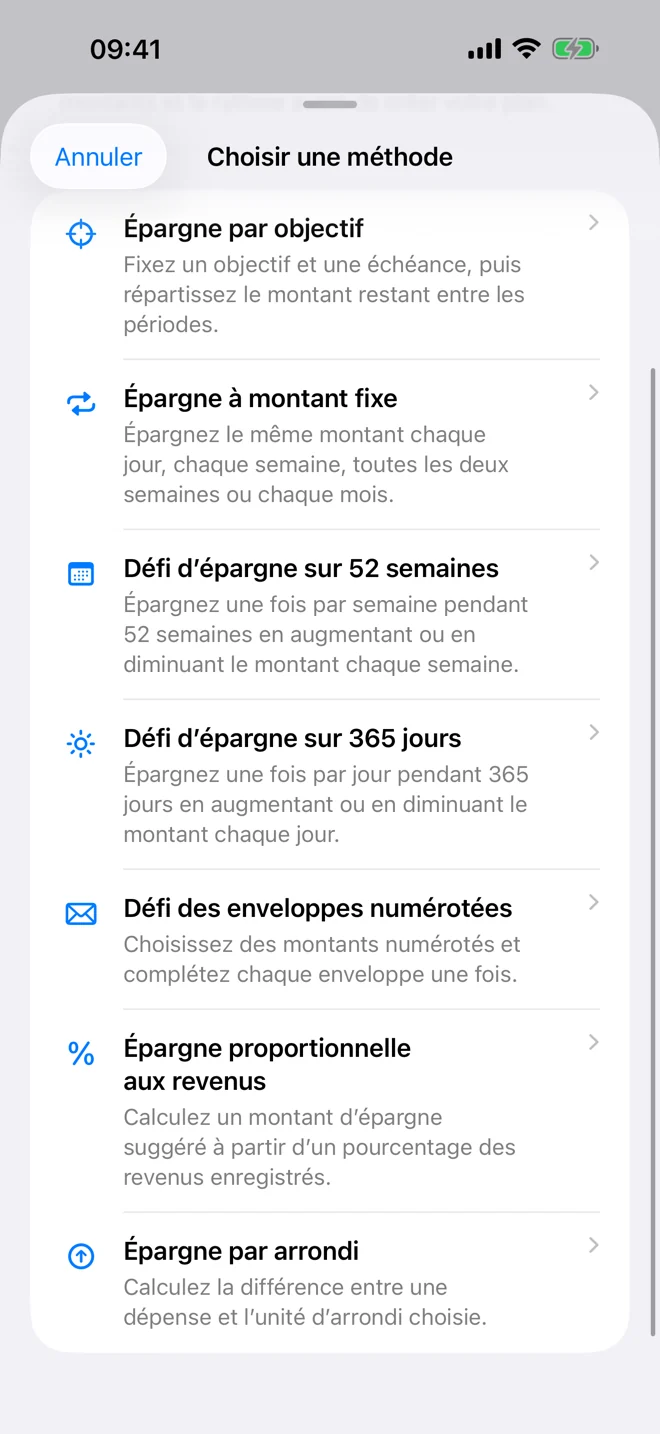 Plan d’épargne avec objectif et progression enregistrée