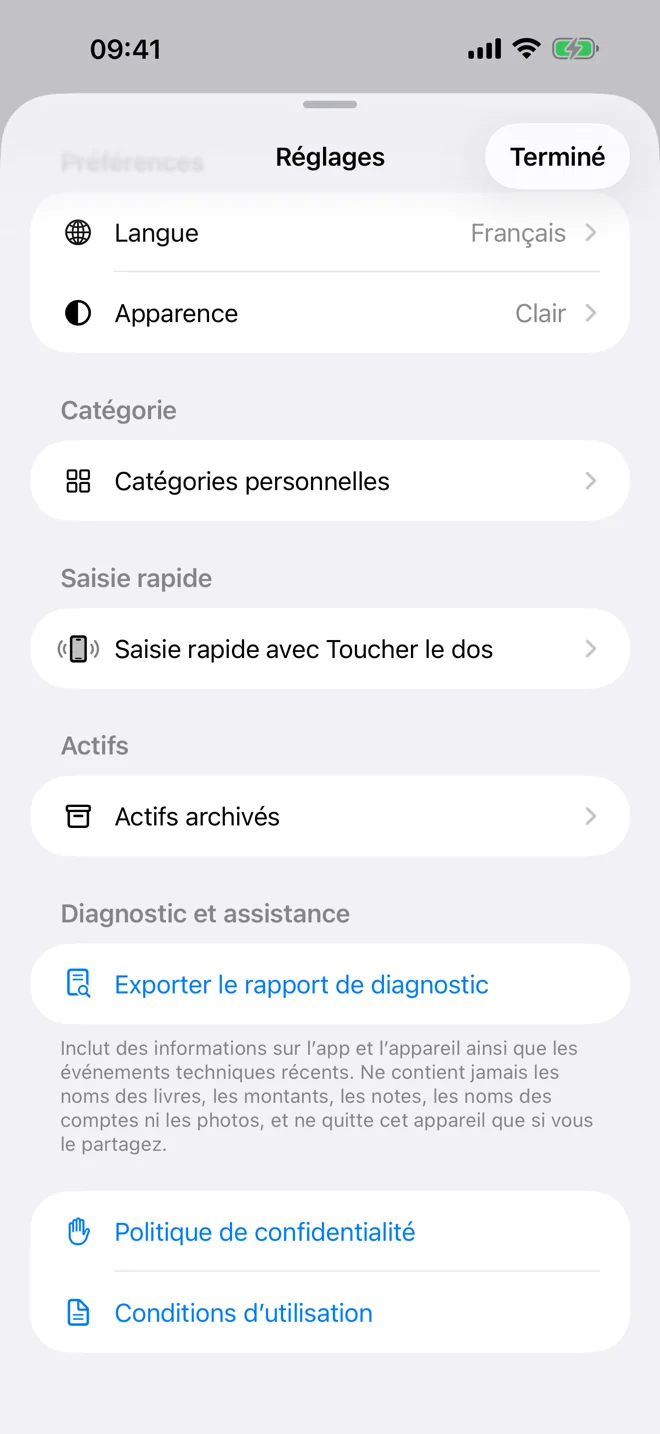 Écran de confidentialité présentant le traitement local et les choix de l’utilisateur