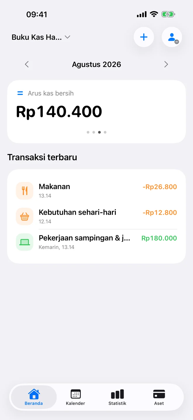 Beranda dengan pengeluaran, pemasukan, arus kas bersih bulanan, dan transaksi terbaru