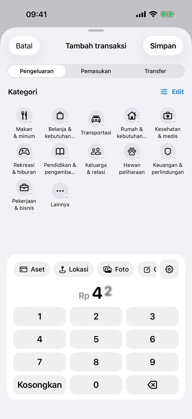 Pencatatan cepat dengan jumlah, kategori, dan detail opsional