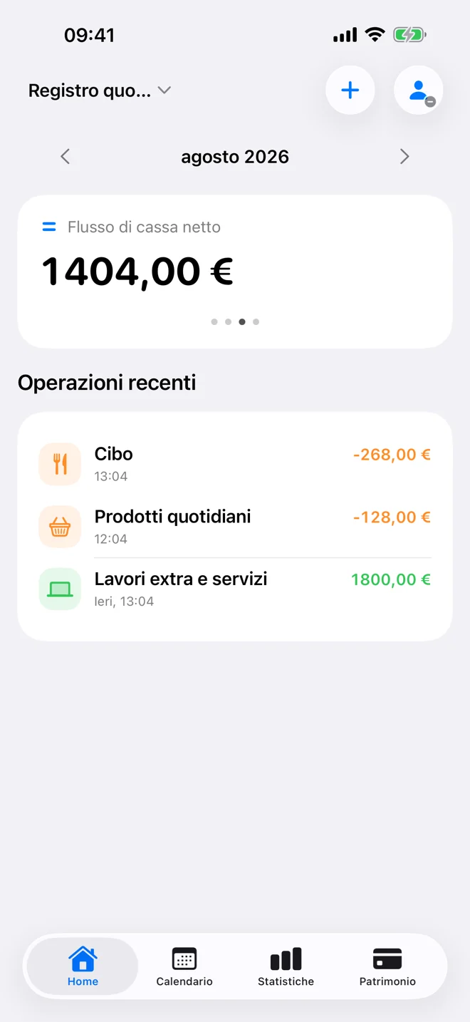 Home con uscite, entrate, flusso di cassa netto mensile e movimenti recenti