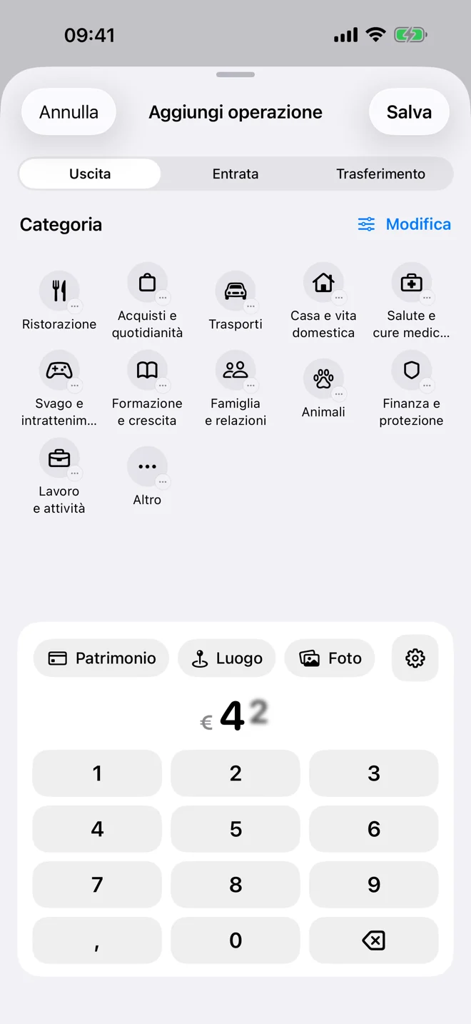 Registrazione rapida con importo, categoria e dettagli facoltativi