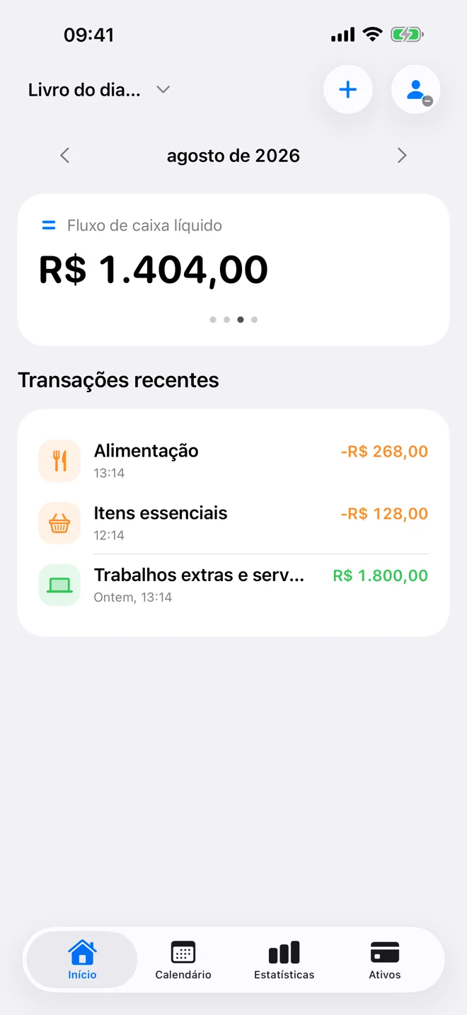 Início com despesas, receitas, fluxo de caixa líquido mensal e lançamentos recentes