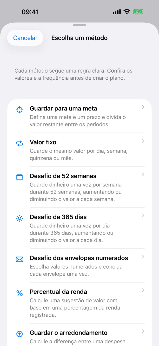 Plano de poupança com objetivo e progresso registrado