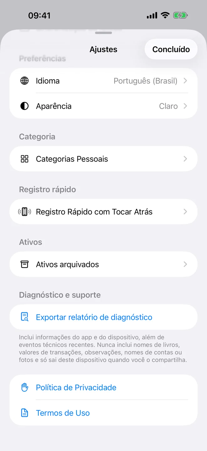 Tela de privacidade com informações sobre processamento local e escolhas do usuário